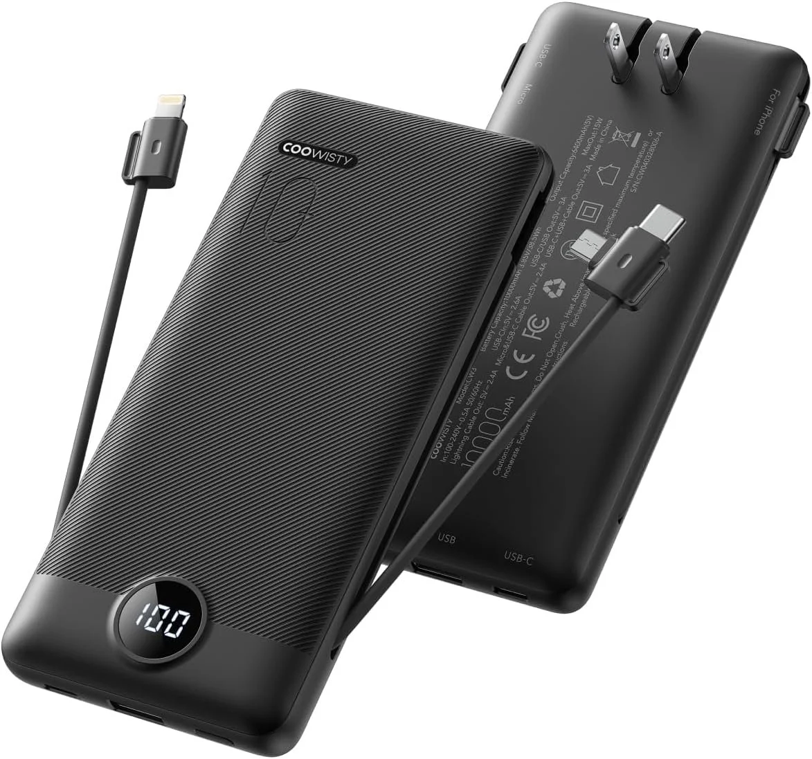 Portable charger with built-in wall plug for fast on-the-go charging of phones and devices.