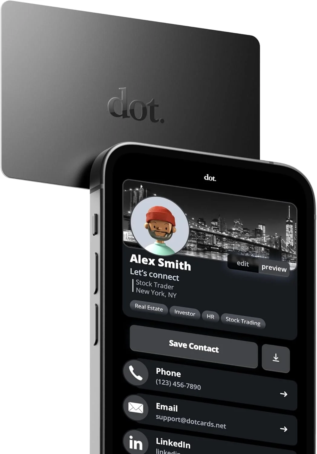 Dot digital business card with tap-to-share NFC technology for instant contact sharing.