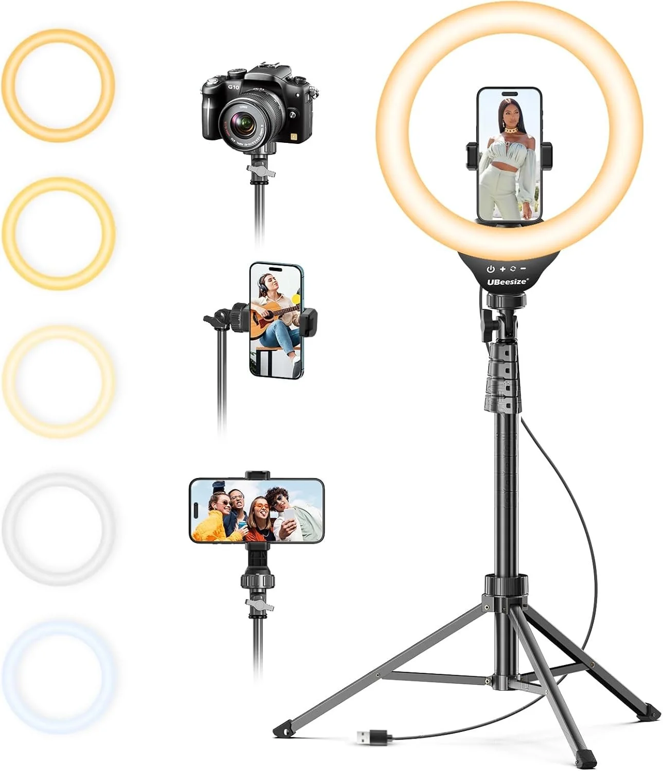 UBeesize 12-inch ring light with an adjustable 62-inch tripod stand for video recording or photos.