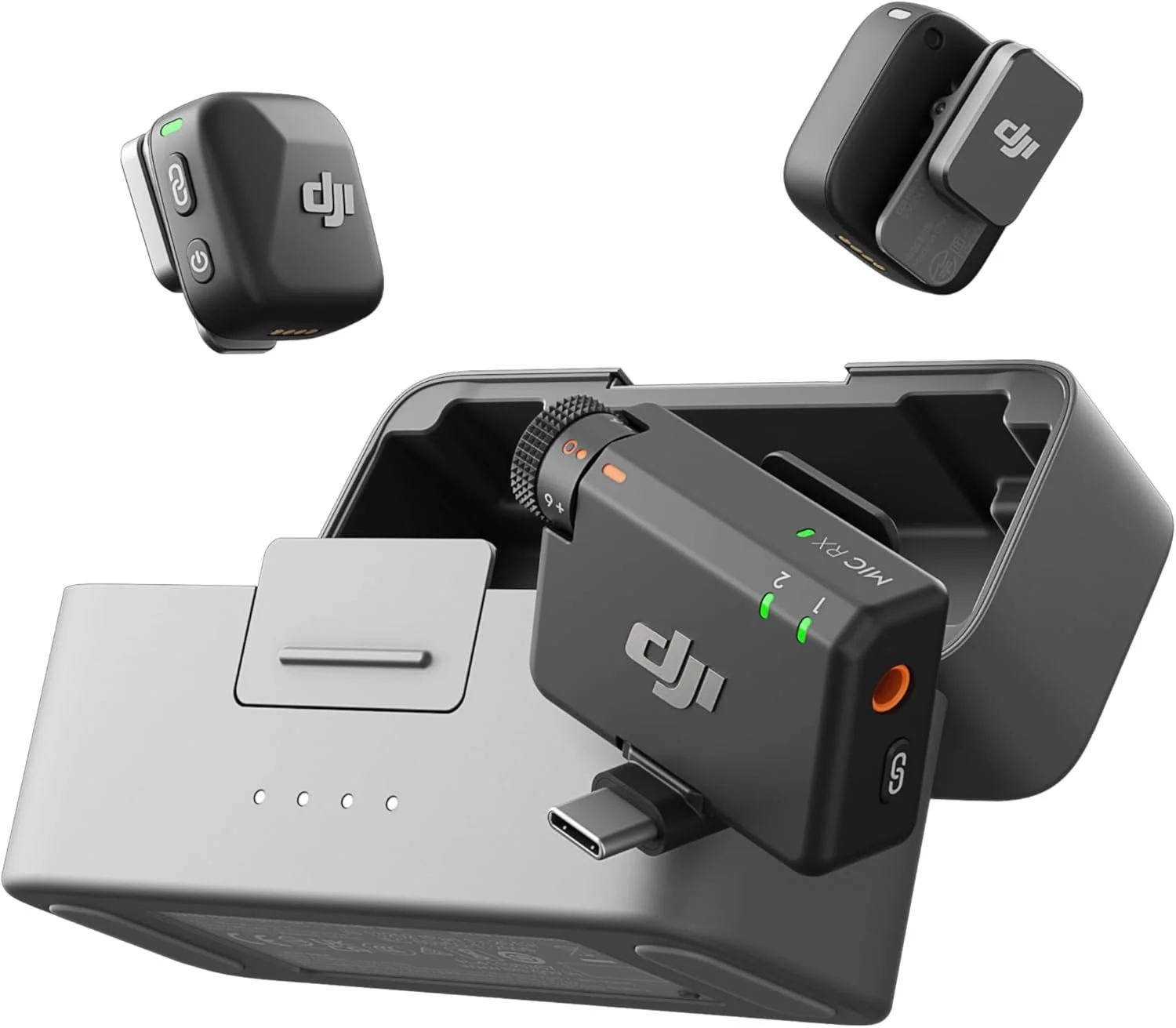 DJI Mic Mini wireless microphone set with two transmitters, one receiver, and charging case.