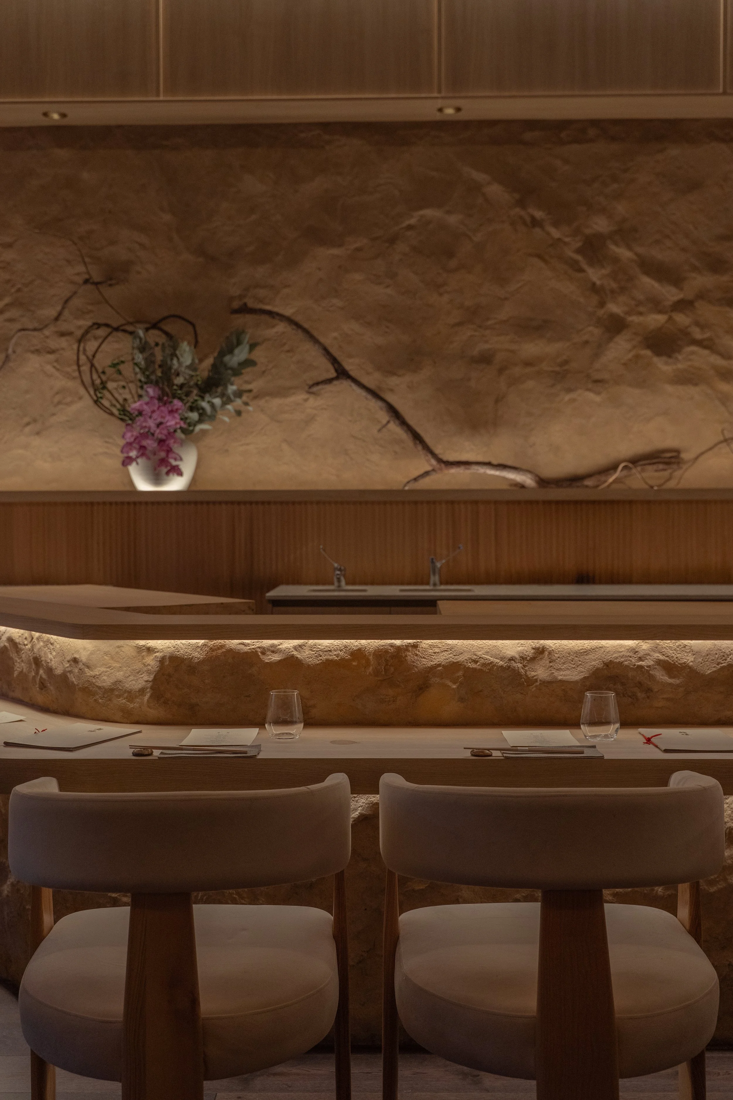 Long counter top tables at Sushi Sho Omakase experience