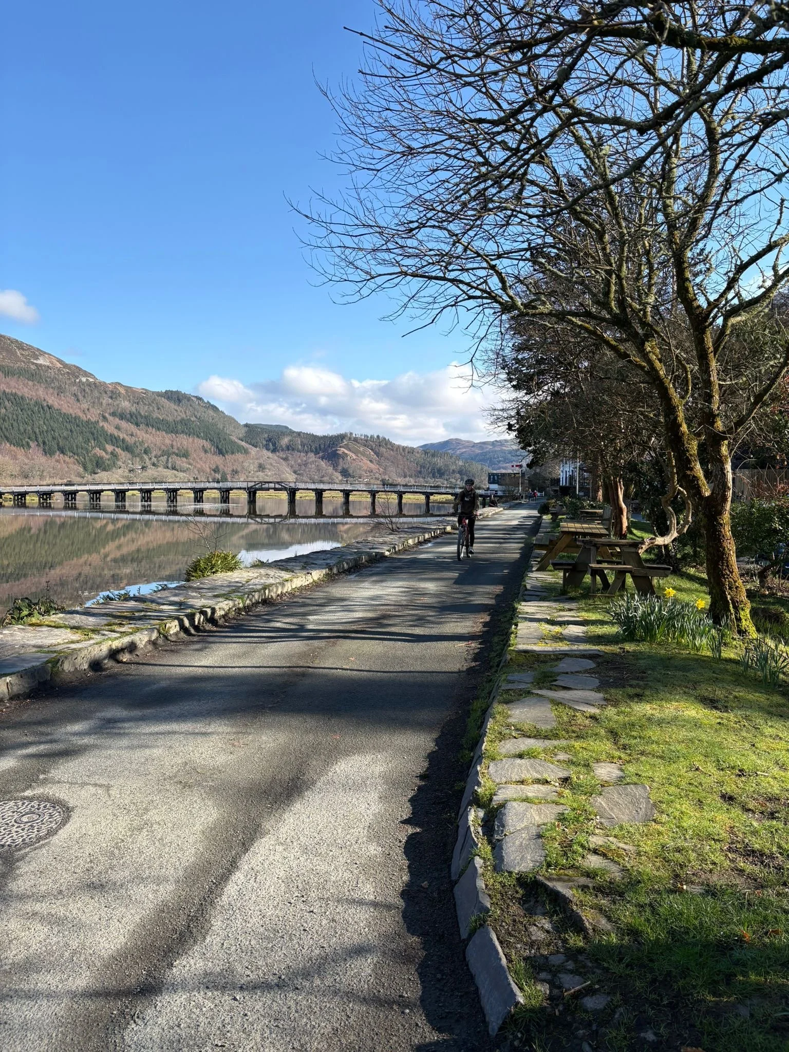 Cyclist on the Mawddach Trail beside the estuary, with a wooden bridge and mountains beyond