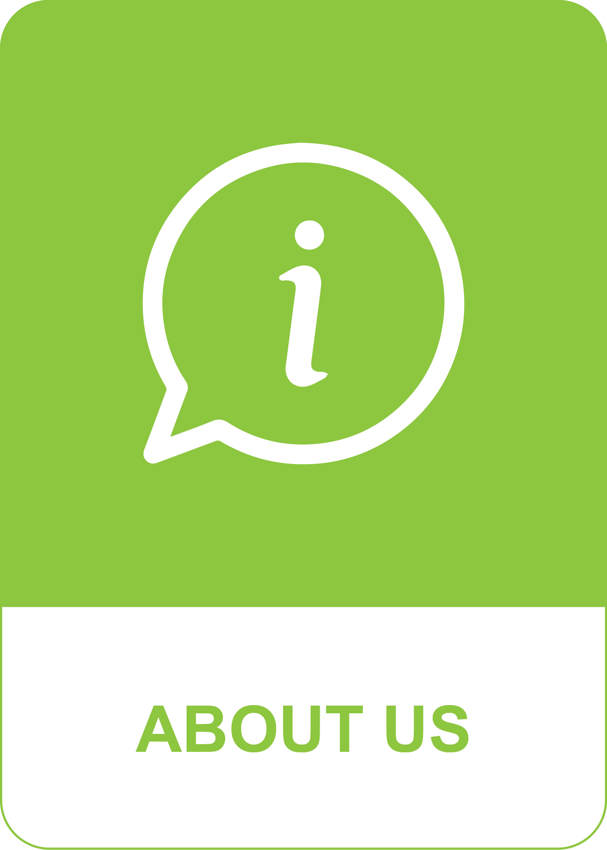 WhatsApp logo inside a speech bubble above the text 'About Us' on a green background.
