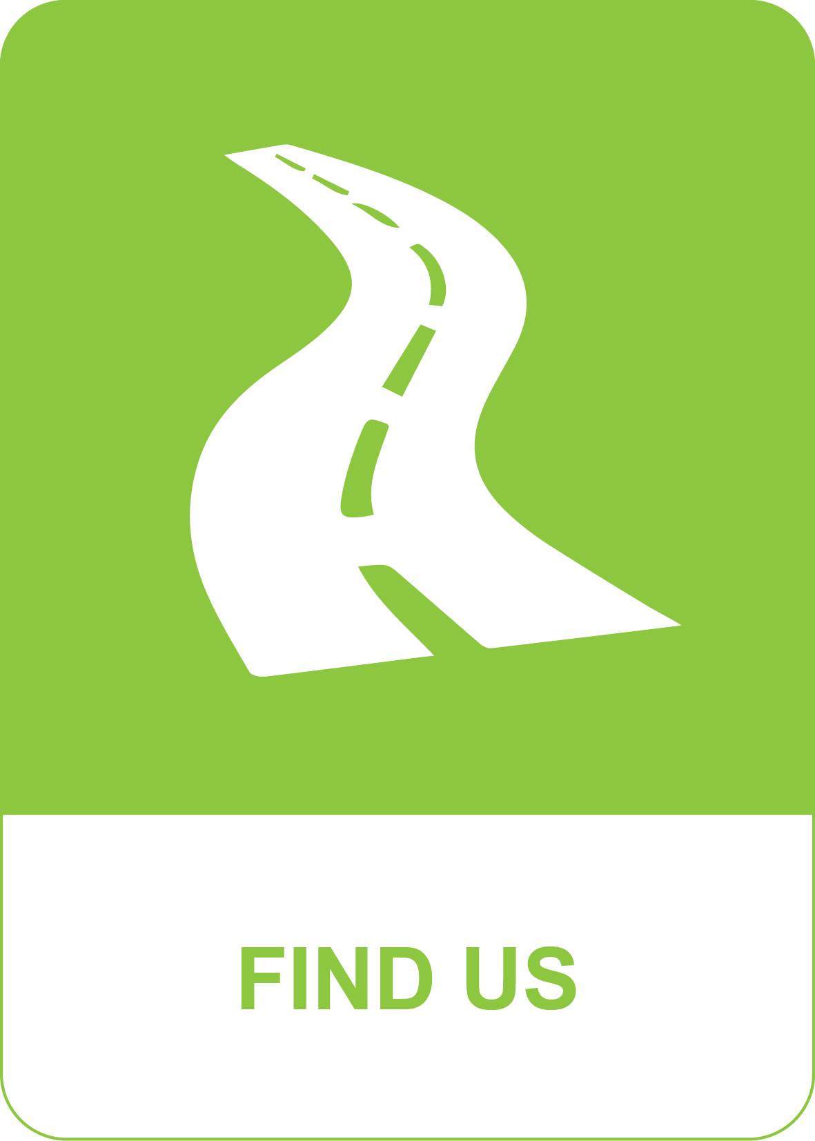 A green sign with a white stylized winding road icon and the words "FIND US" below.