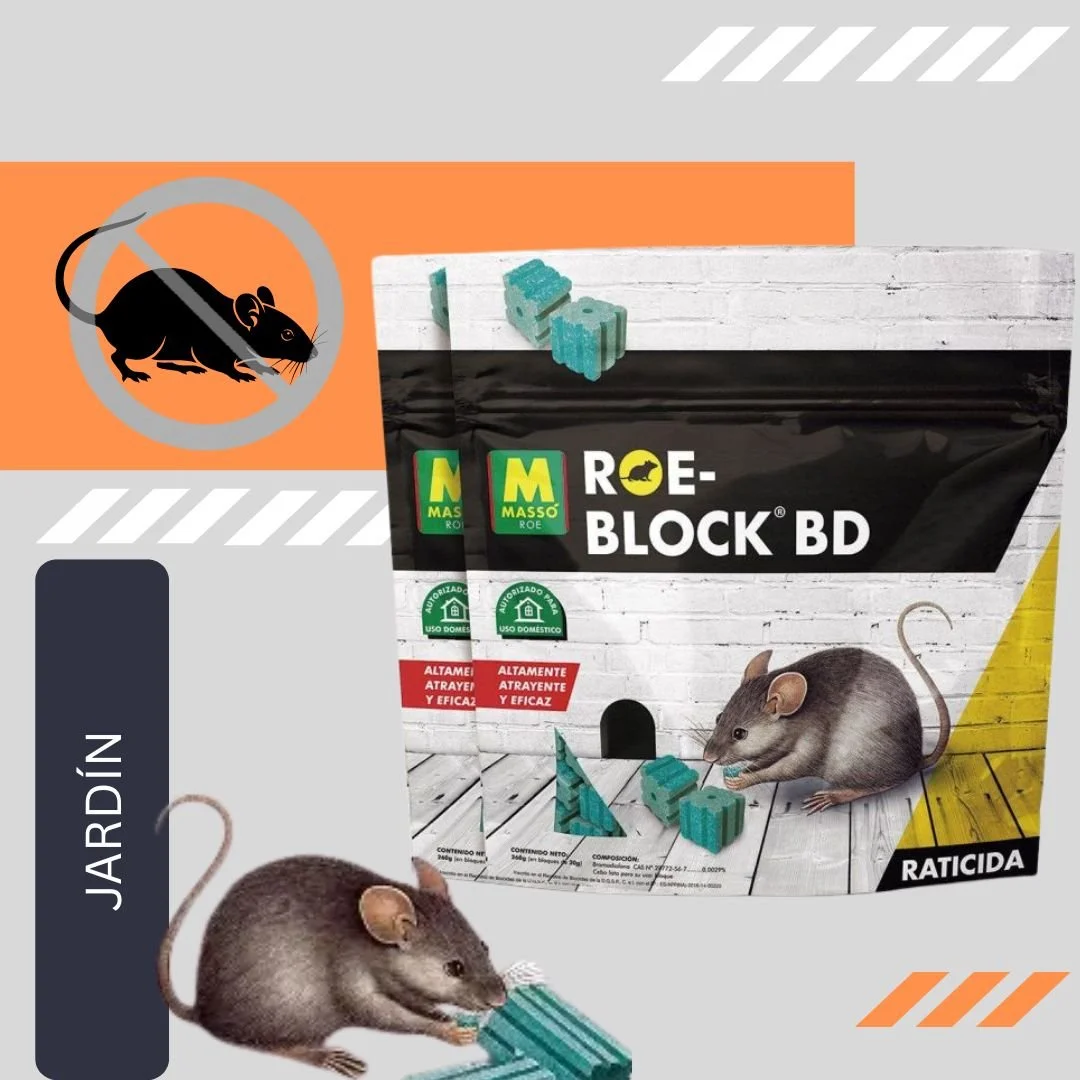 Packaging for rodent bait called ROE-BLOCK BD with a picture of a rat and slices of blue bait blocks, featuring a black rat silhouette icon on an orange background and a realistic rat illustration near the bait.