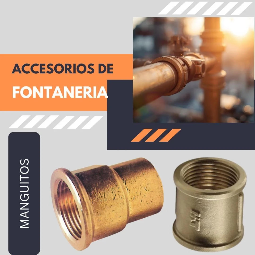 Promotional graphic for plumbing accessories featuring a pipe fitting and a plumbing connector, with an inset image of a pipe.