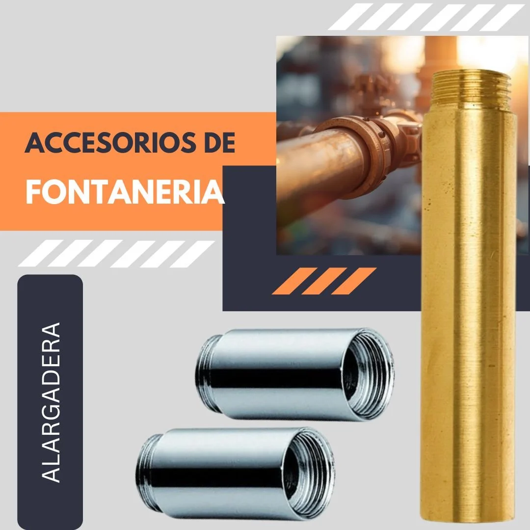 Close-up of a gold-colored pipe fitting and two silver pipe couplings used for fountain plumbing, with decorative text overlay related to fountain parts.