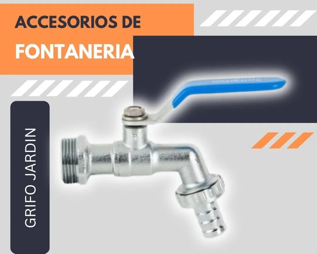 A faucet with a blue handle, featured on a graphic promoting plumbing accessories.