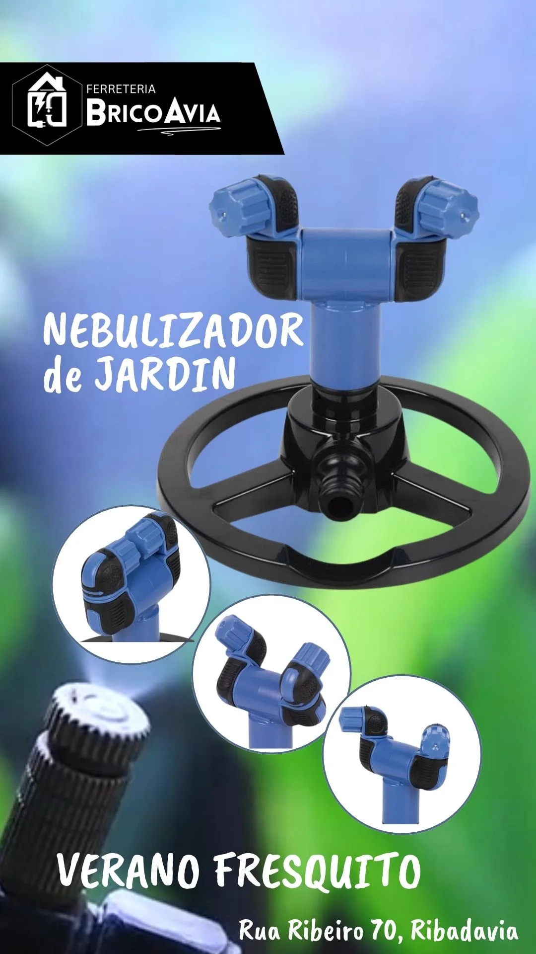 A garden nebulizer with multiple views, on a colorful background, advertising garden equipment from Ferreteria BricoAvia