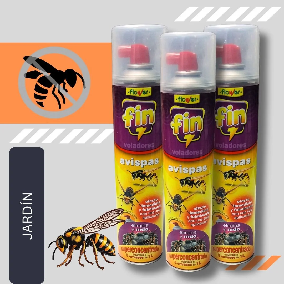 Three aerosol cans of wasp and hornet spray with a purple and yellow label, featuring a illustration, against a graphic background with plant illustrations. The label states it eliminates nests and provides immediate and lasting effect.