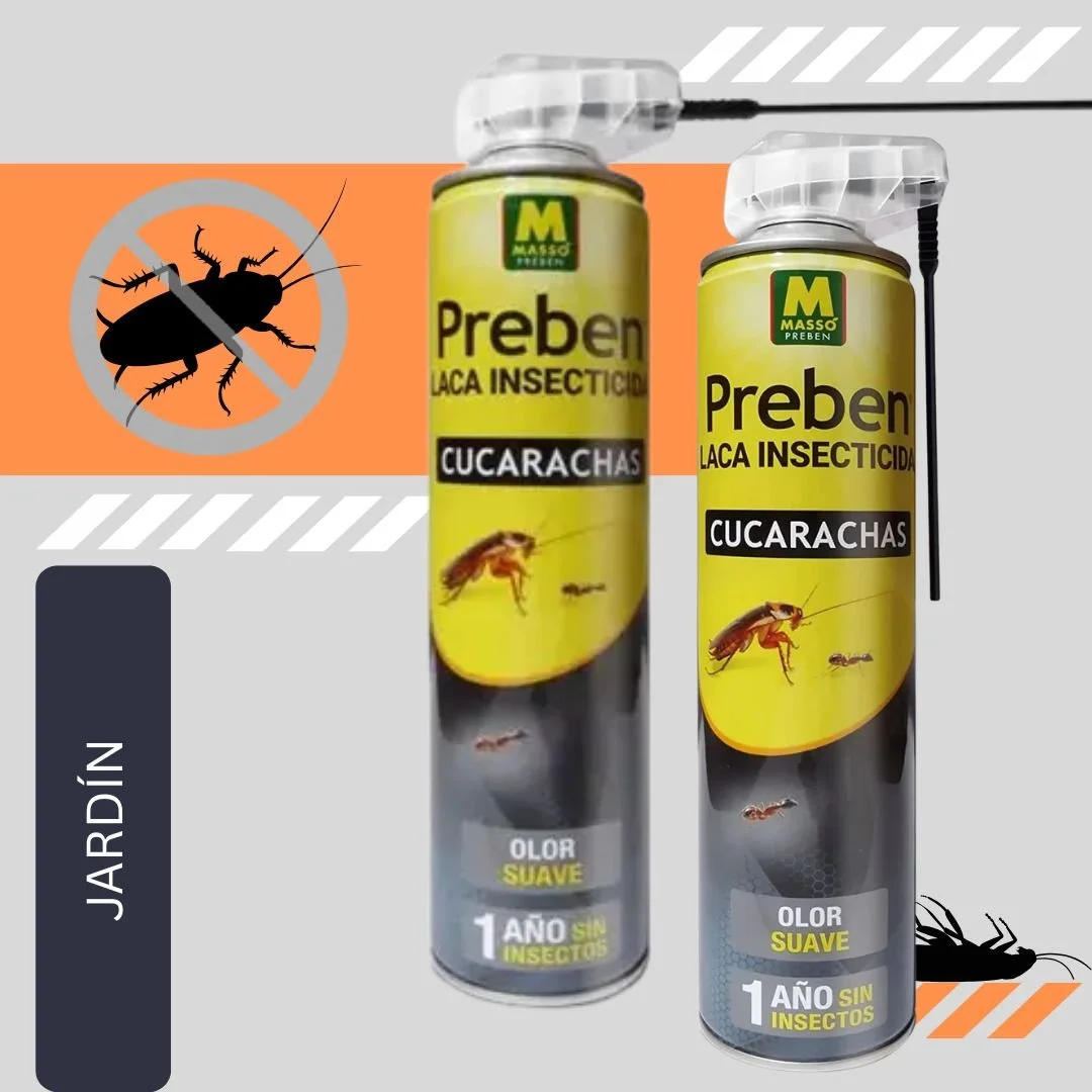 Two cans of insecticide spray labeled 'Preben' with a picture of a wasp, designed to control cockroaches, with a no cockroach symbol and text indicating it lasts for one year without insects, in a garden setting.