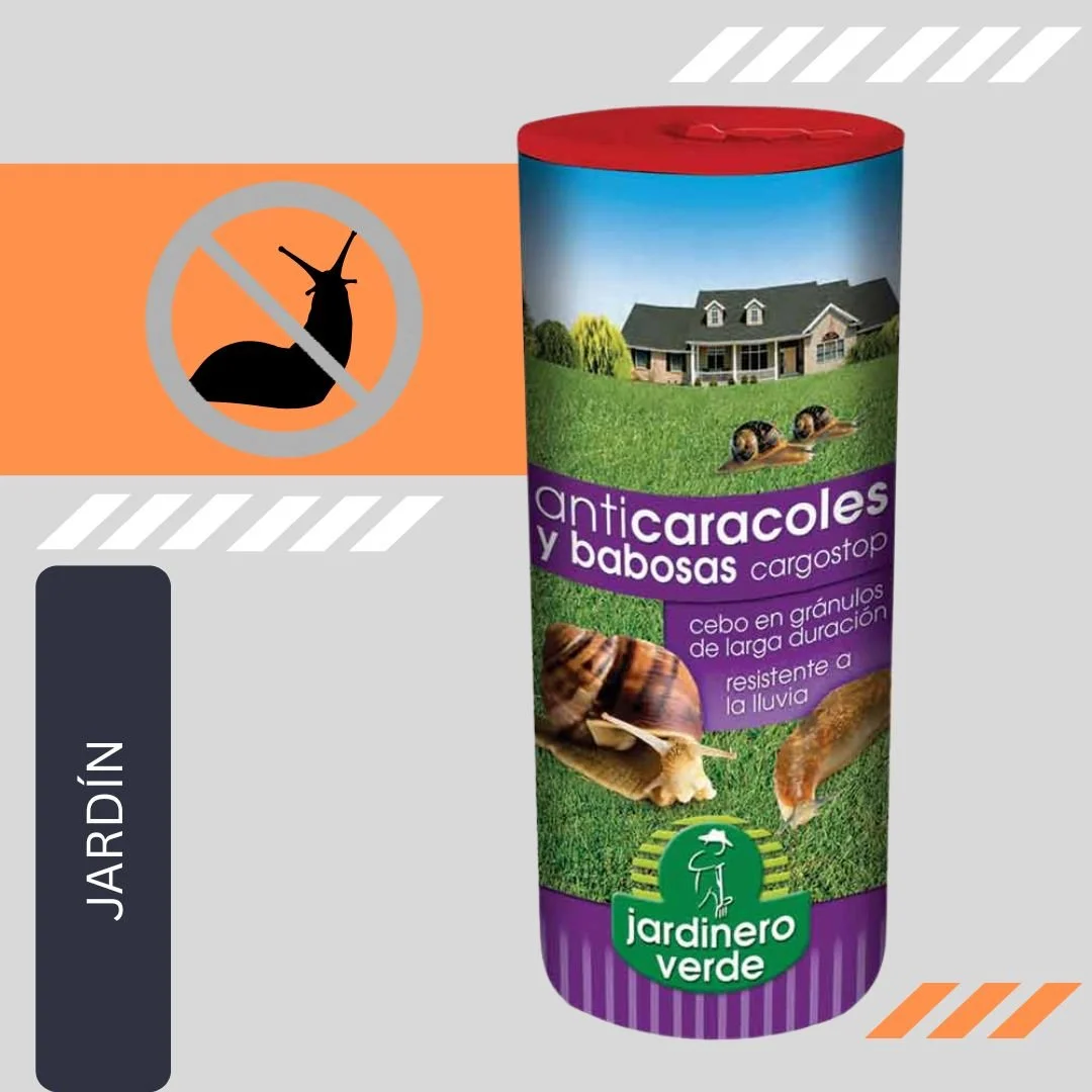 A container of pest control product labeled for snails and slugs with a house and two snails on a grassy lawn, and the logo 'Jardinero verde' on a purple background.