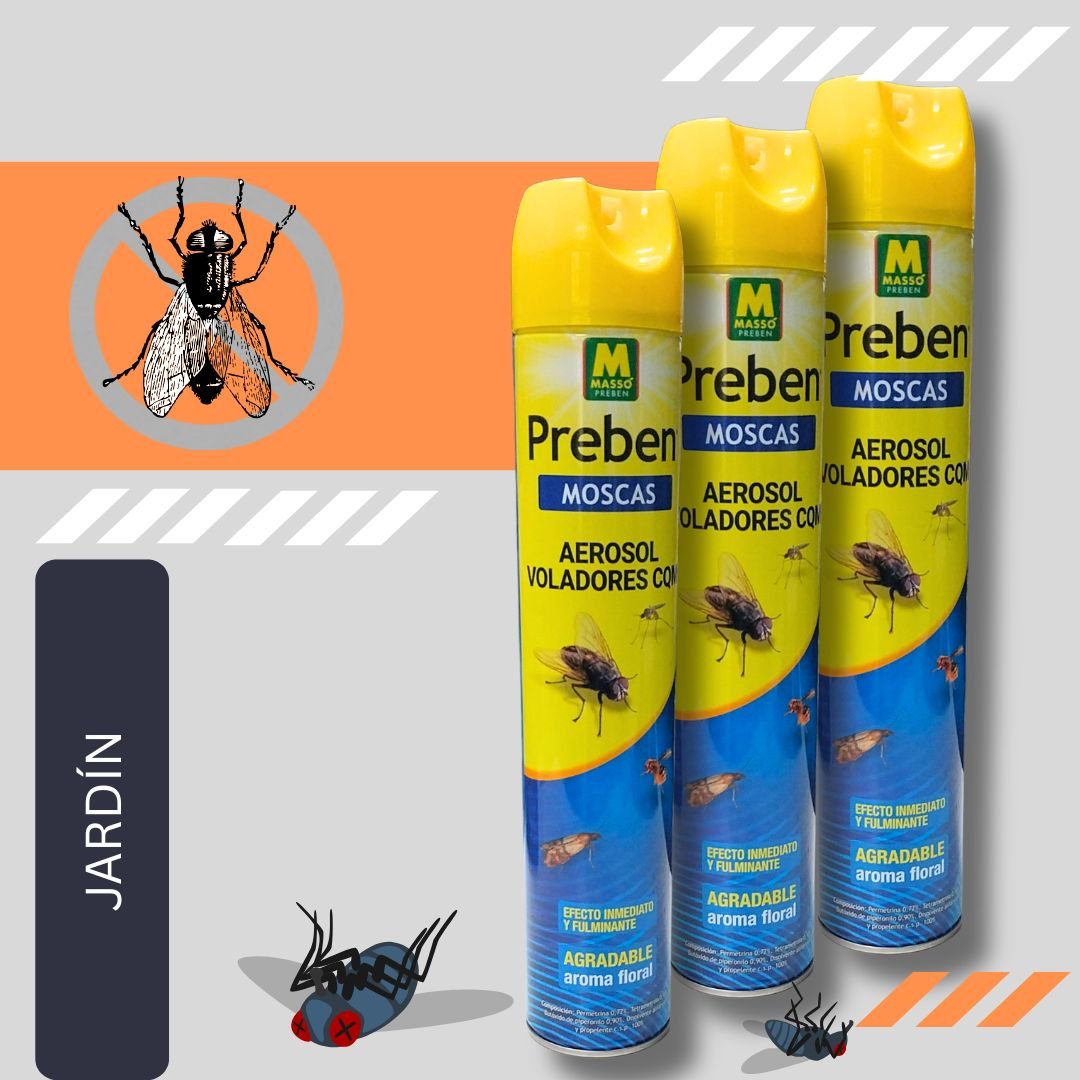 Three cans of insecticide spray labeled 'Preben Moscas' with images of flies, a fly with X's over its eyes, and smaller insects, set against a colorful background with illustrations of insects and pest control symbols.