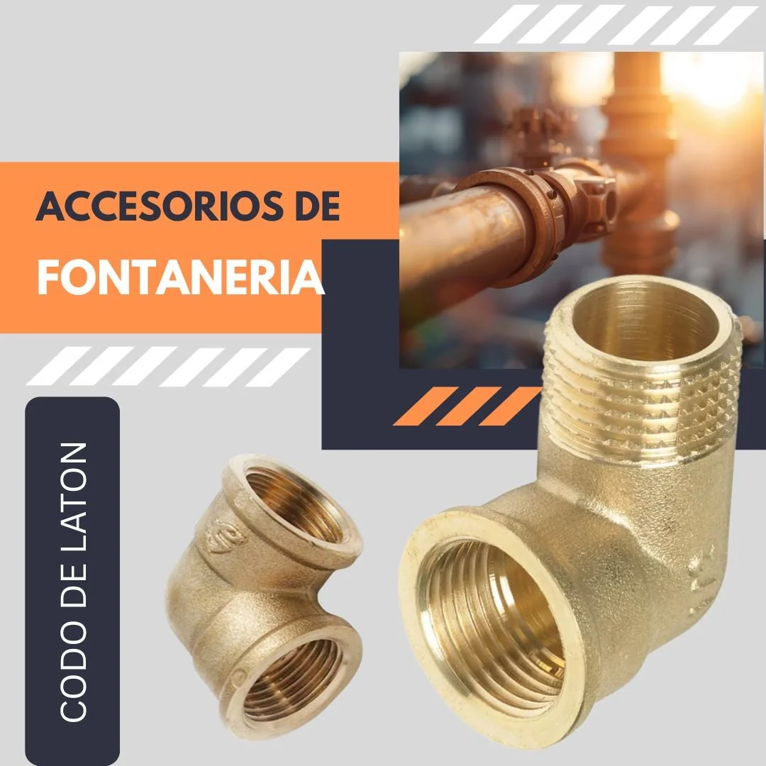 A promotional graphic showcasing plumbing fittings and accessories. Includes an image of a metal pipe with a valve and two brass pipe fittings, one larger L-shaped fitting and a smaller T-shaped fitting. The graphic features text in Spanish, indicating it is for plumbing accessories, highlighting the phrase 'Accesorios de Fontanería' and the phrase 'Códo de Lato'.
