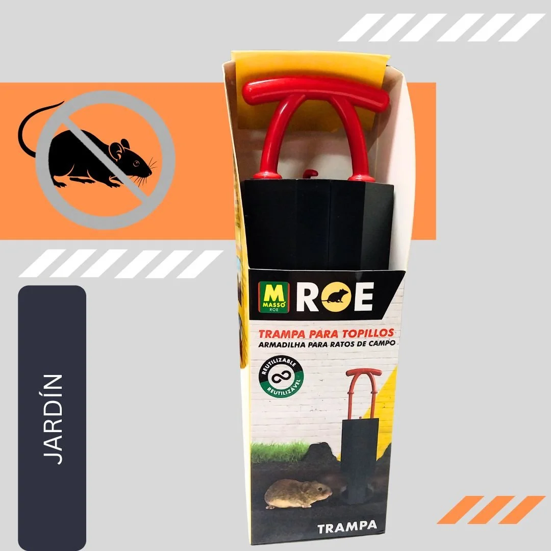 A mouse trap designed for field mice, branded as reusable, with a picture of a field mouse and the words "Trampa para topillos" on its packaging.