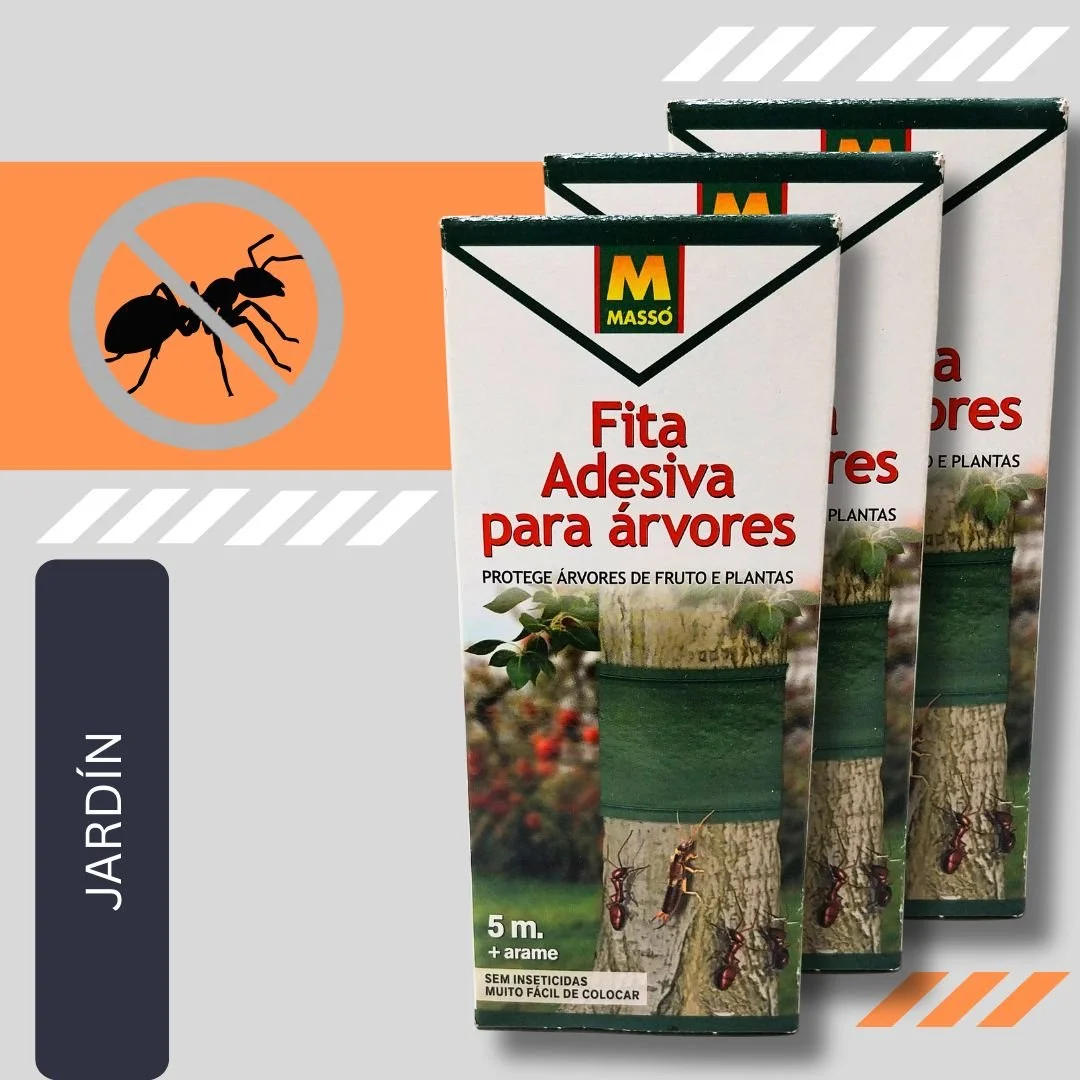 Three packs of adhesive tape for trees with a picture of a tree trunk with ants and a green band, labeled in Portuguese as 'Fita Adesiva para árvores,' used to protect fruit and ornamental trees from pests, each 5 meters long with a nail included, branded 'Masso'.