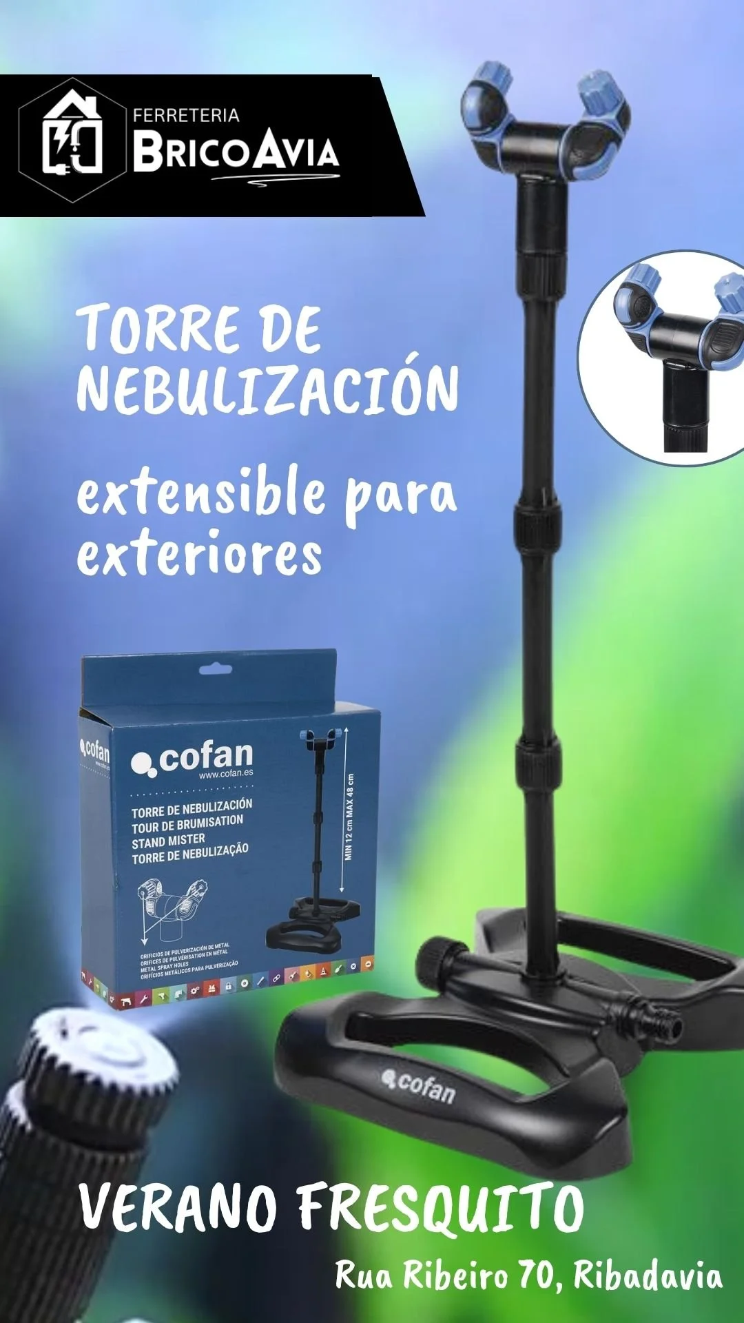 Poster advertising a telescopic fogging tower by Cofan for outdoor use, showing an image of the product and its box