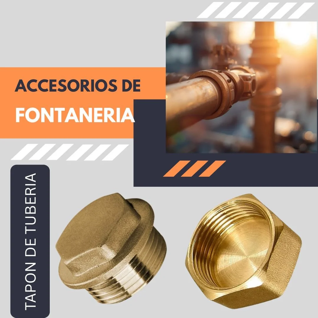 Promotional graphic for plumbing accessories featuring two brass fittings and a photo of a pipe with a valve in the background, with text in Spanish indicating fountain hardware accessories.