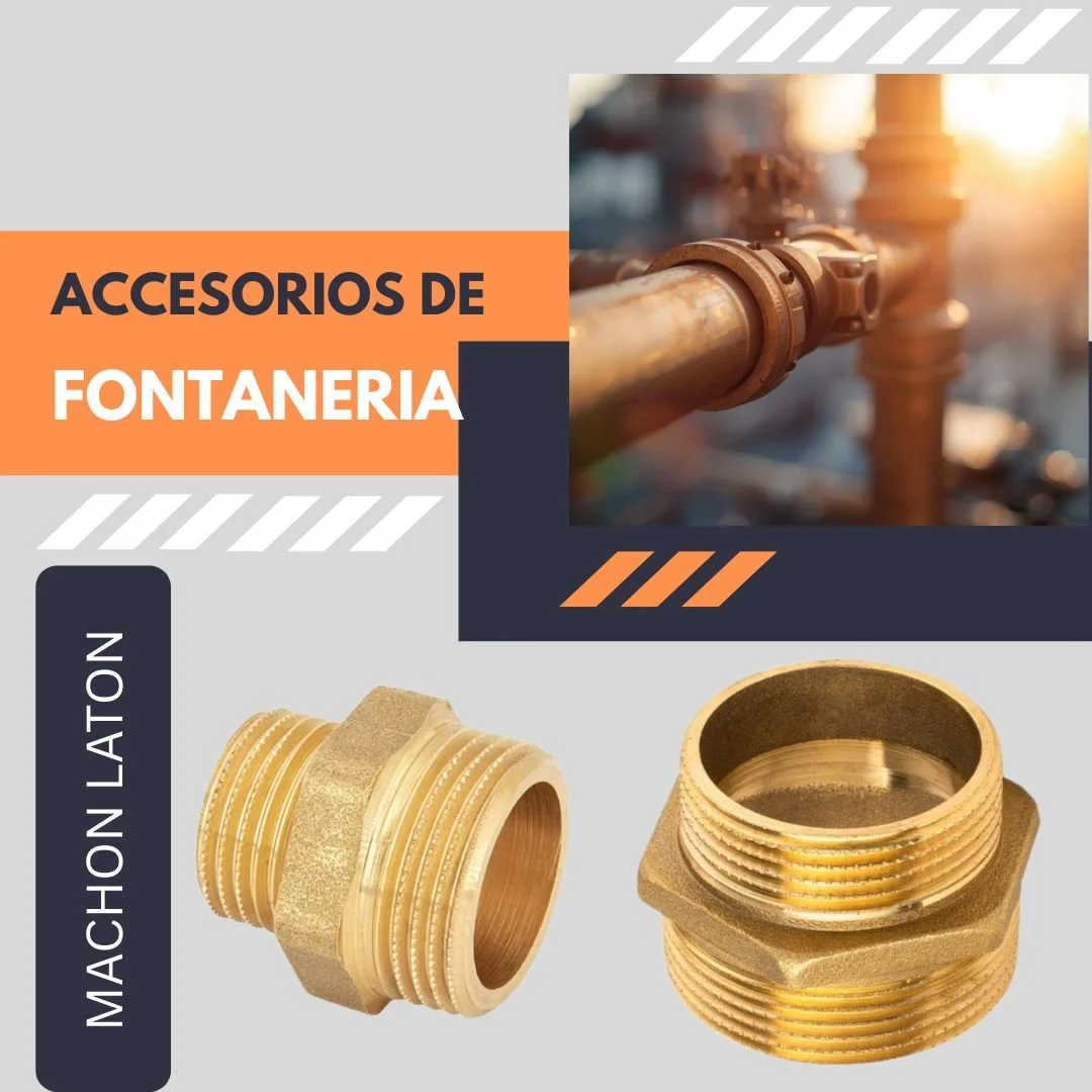 A graphic advertisement for plumbing accessories, featuring a close-up photo of a metal pipe fitting and two brass fittings below with construction-themed design elements.
