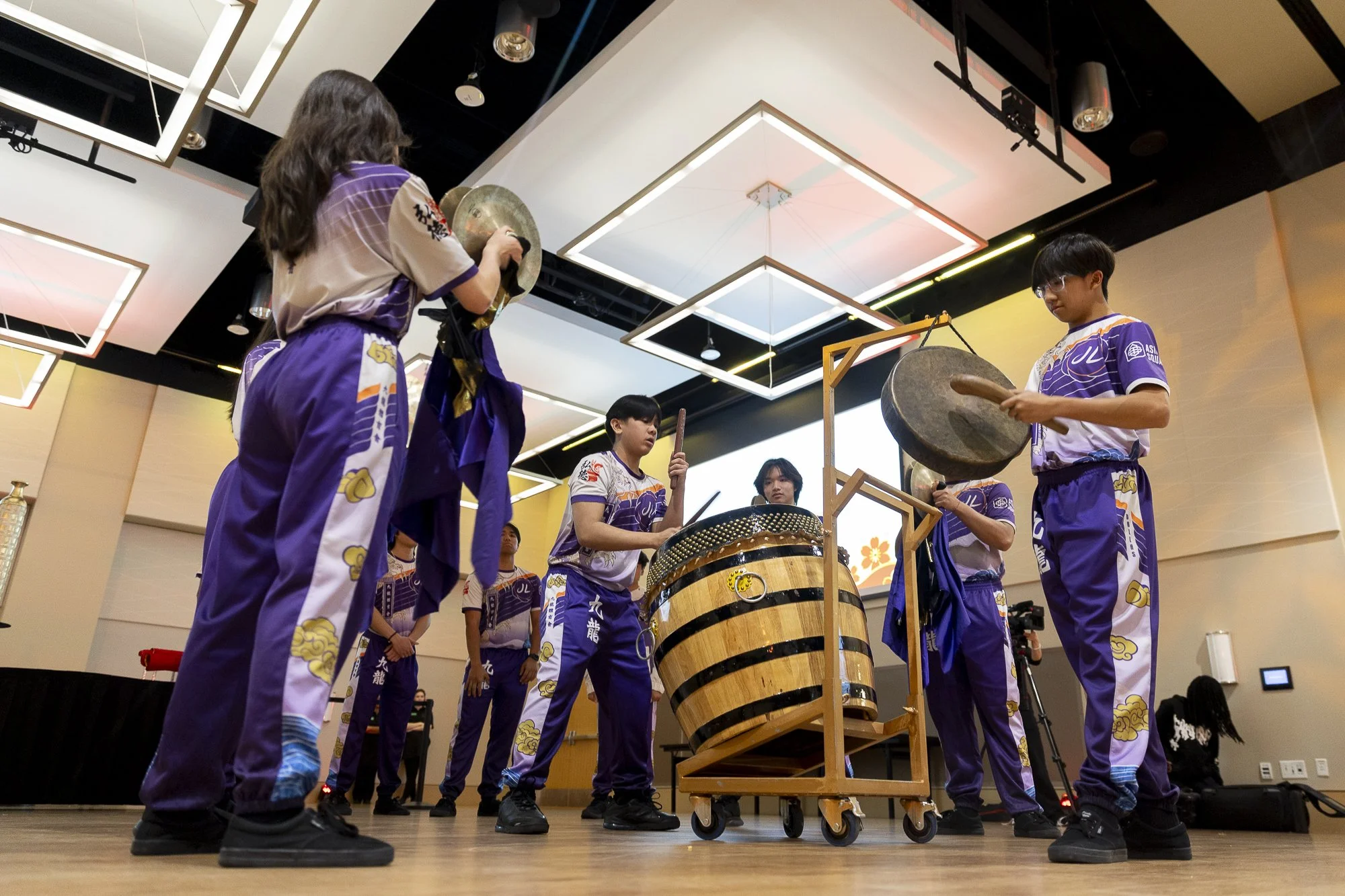 Drumline: DENTON — The Jiu Long Lion Dance drummers provide the music for the lion dancers at the UNT Lunar New Year celebration in the Emerald Ballroom on Feb. 16. At the end of the performance, students were able to take a photo with the lion dance