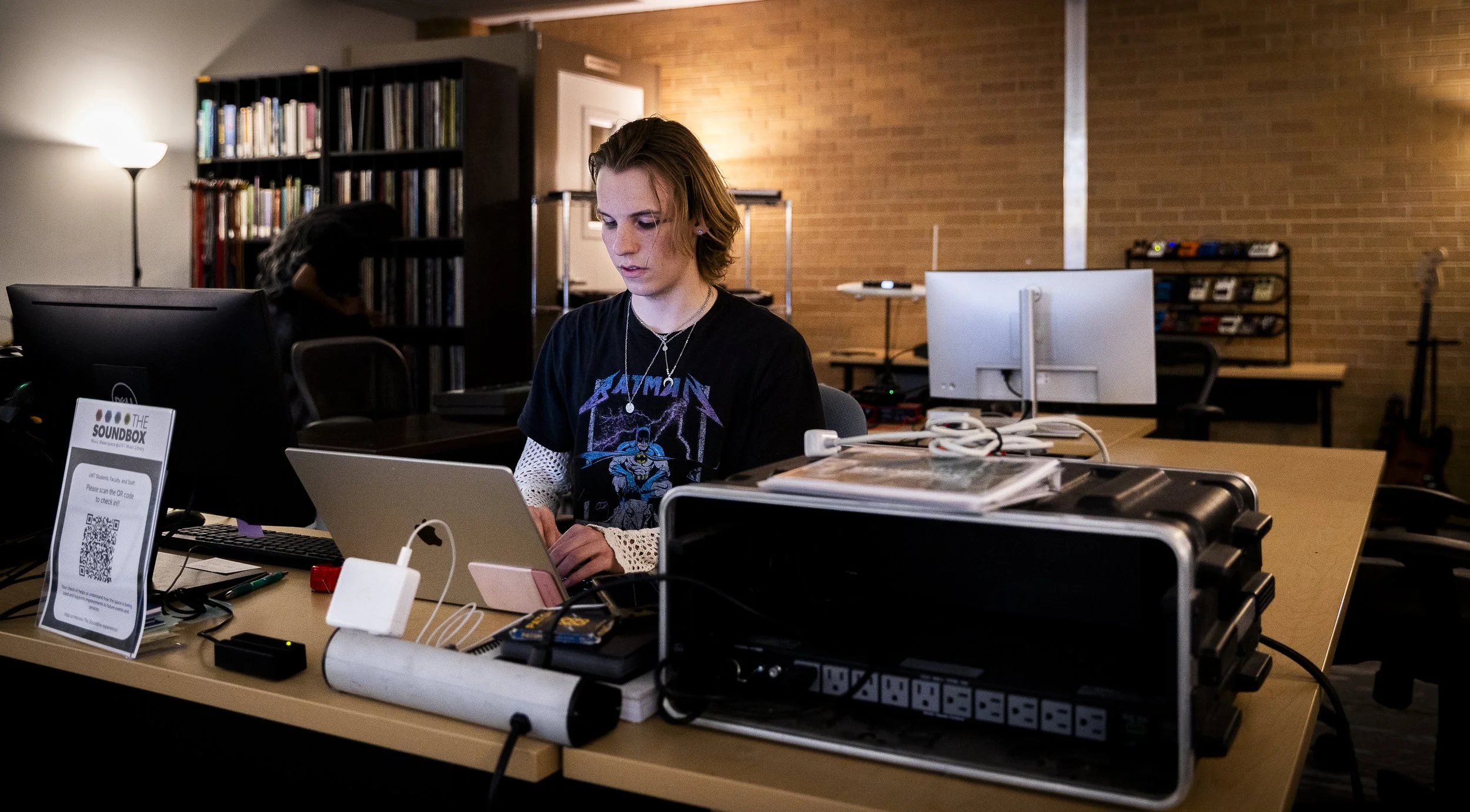 In the Stu: Junior Cameron Carter, a commercial music major, does homework in The Soundbox in Willis Library on March 31. Located on the fourth floor, The Soundbox provides students with free access to professional recording equipment, a vocal booth,