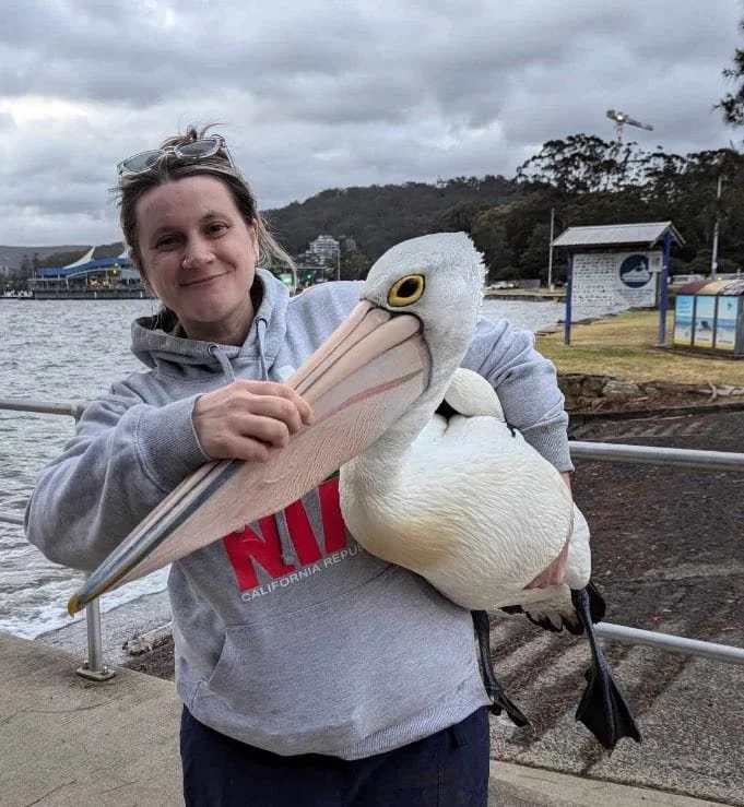 Person holding a large plush pelican near a body of water, with cloudy skies and trees in the background.