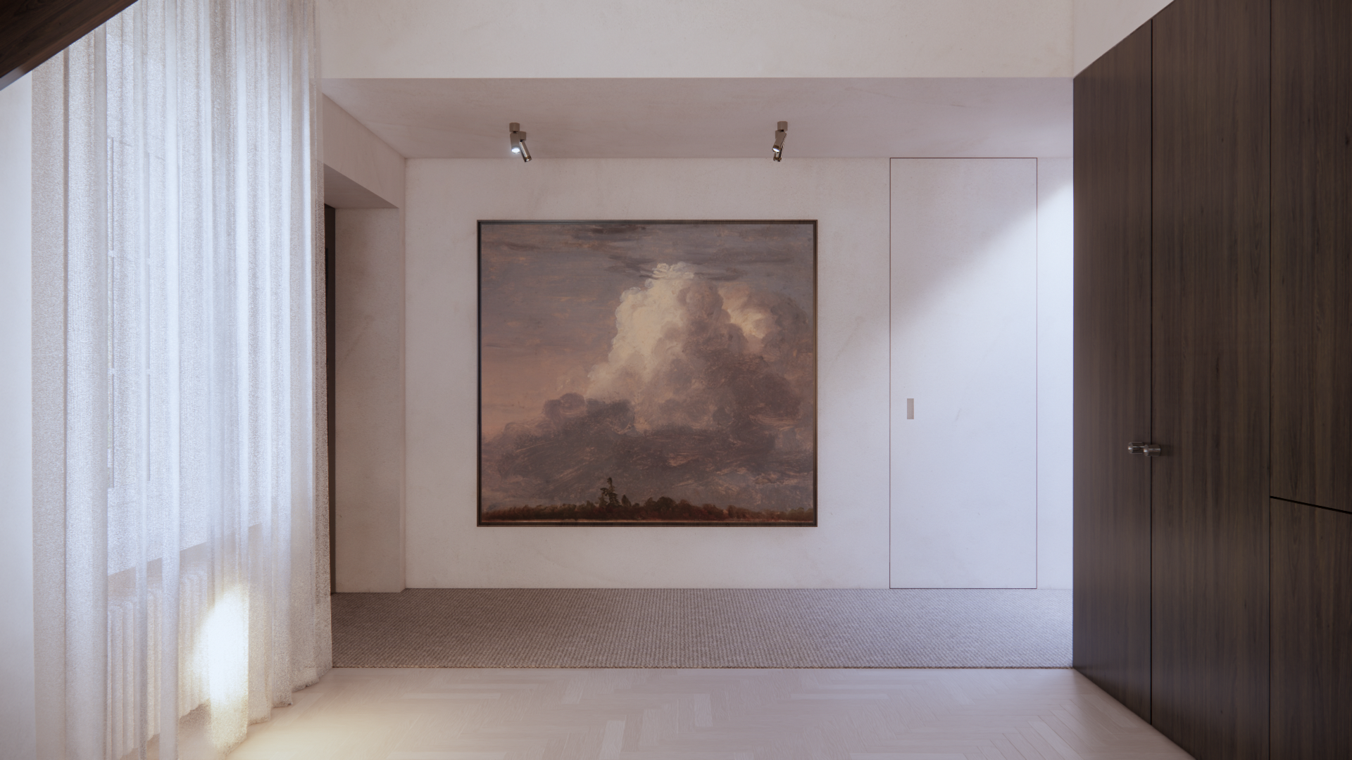 A modern interior hallway with a large landscape painting of clouds on the wall, natural light coming through sheer curtains, and wooden closet doors.