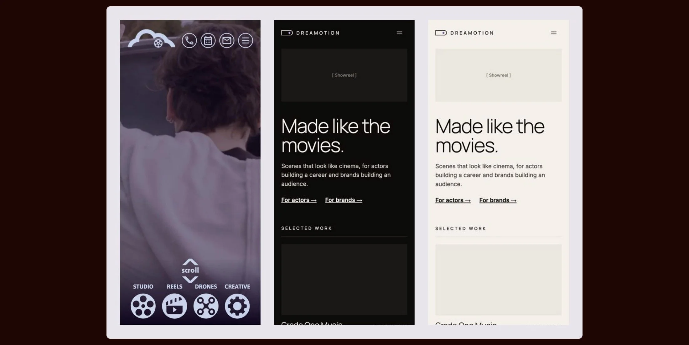 Designed for the phone first, in dark and light, with separate paths for actors and for brands.