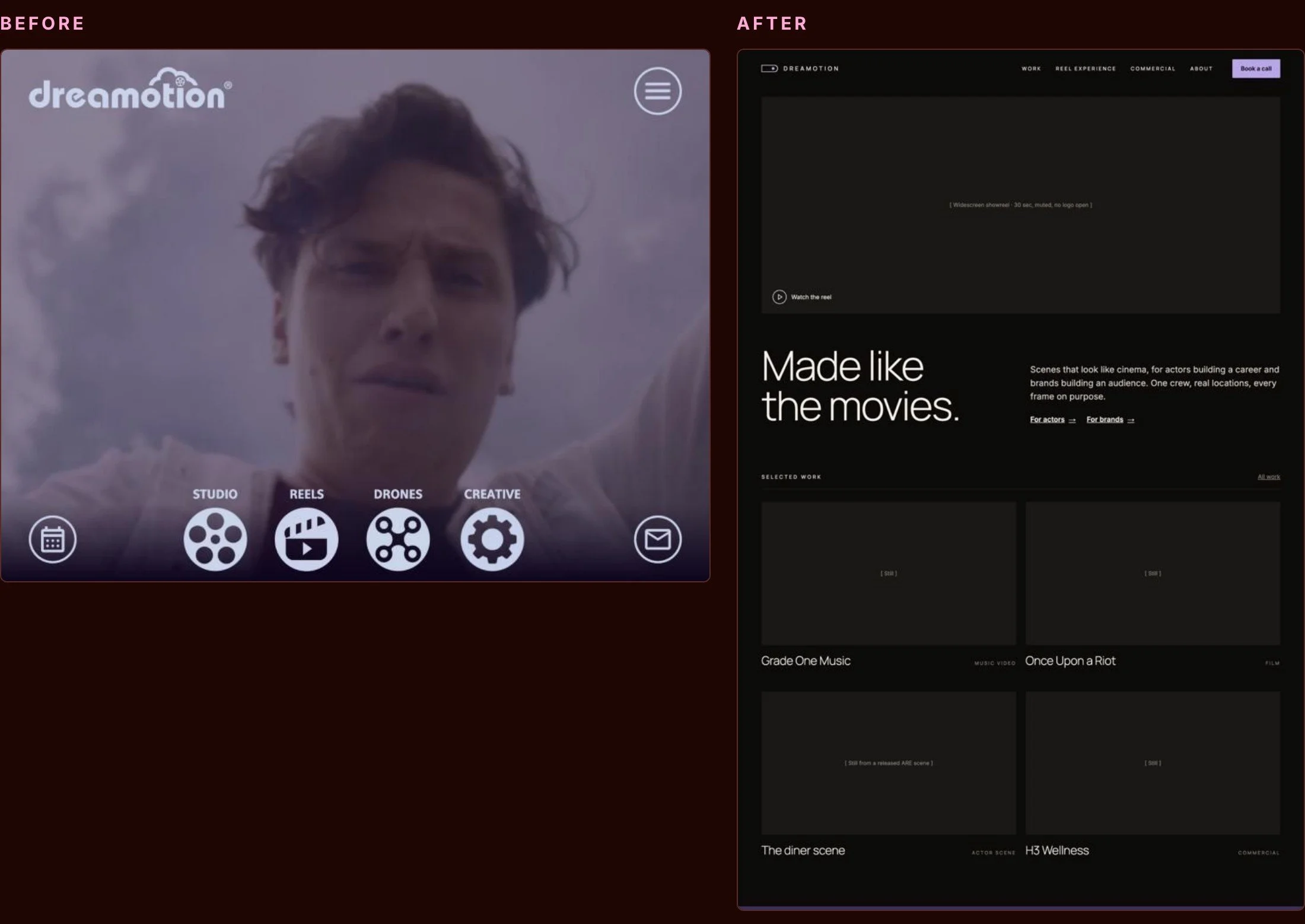 Before and after. The old homepage played footage with no headline. The concept leads with a promise, the reel and one clear next step.