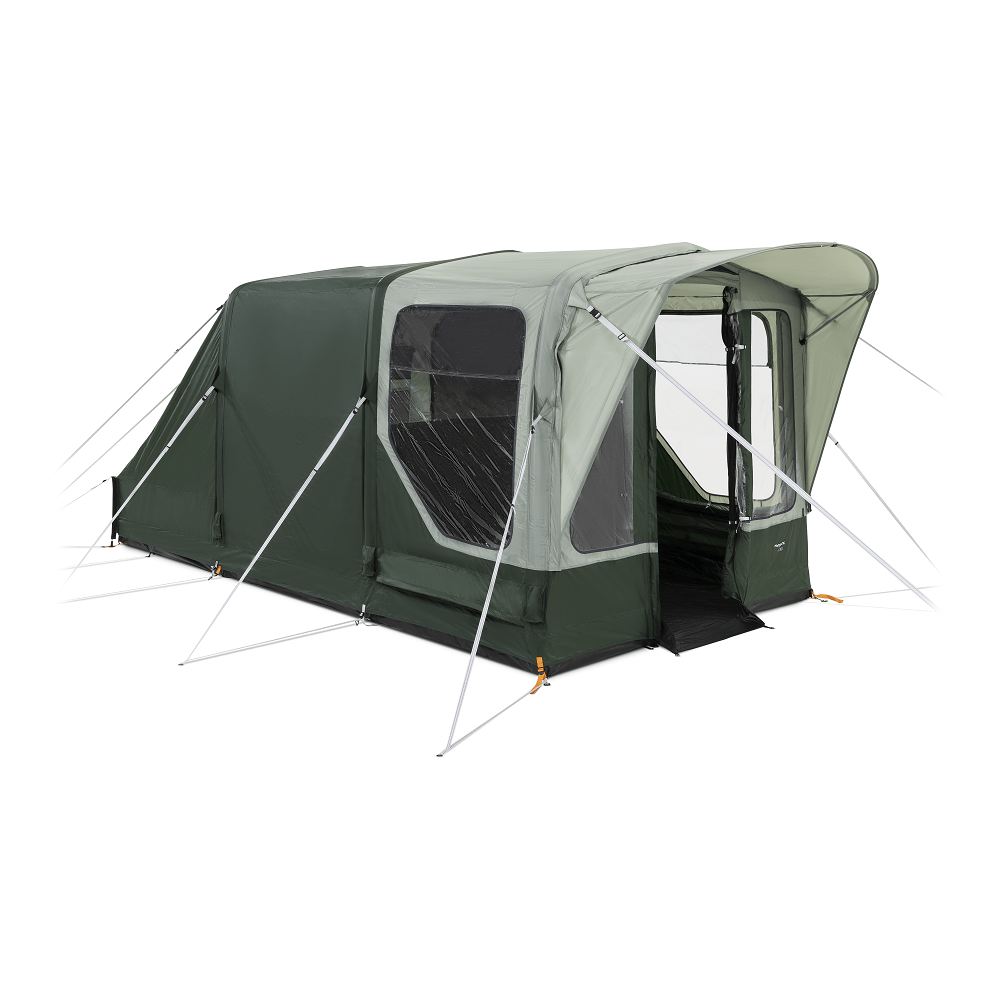 Campmaster Air A large green camping tent with side windows, set against a white background, featuring an extended rainfly and entrance flaps.