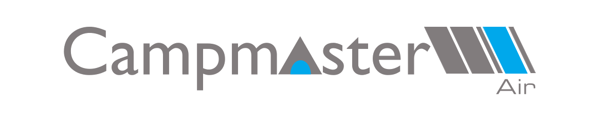 Logo for Campmaster Air with the text ‘Campmaster’ in black and gray letters, a stylized mountain design with blue and gray stripes, and the word ‘Air’ underneath.