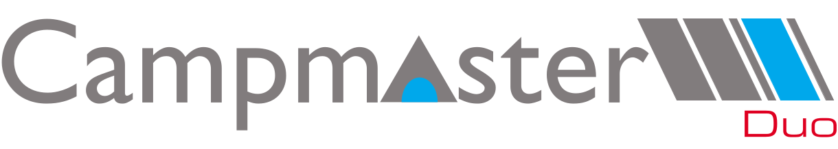 Campmaster Duo logo with stylized text and design elements in gray, blue, black, and red.