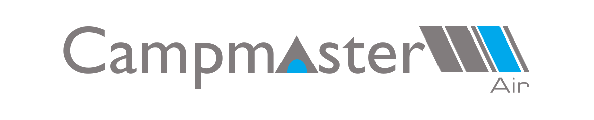 Logo of Campmaster Air featuring stylized mountain peaks and a blue and gray color scheme.