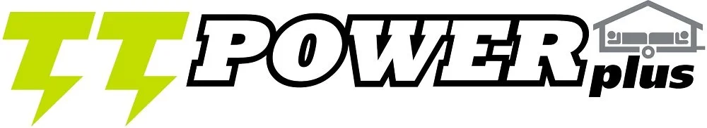 Logo with two lime green lightning bolts and the words "POWER plus" in bold black and white text, with a gray outline of a garage or door overhead.