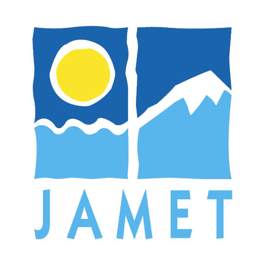 Logo with a stylized sun, waves, mountain, and the text 'JAMET'.
