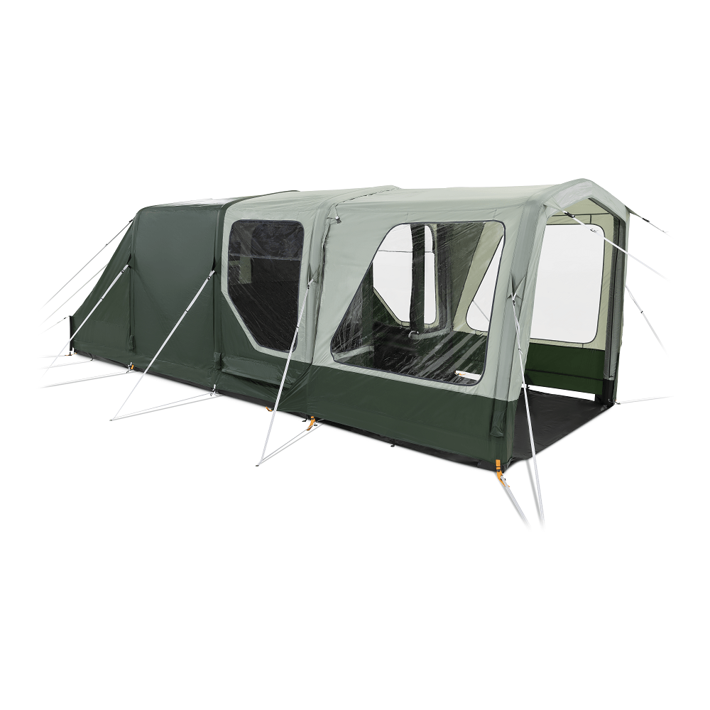 Campmaster Air Green and gray camping tent with multiple windows and an open door, set up on a white background.