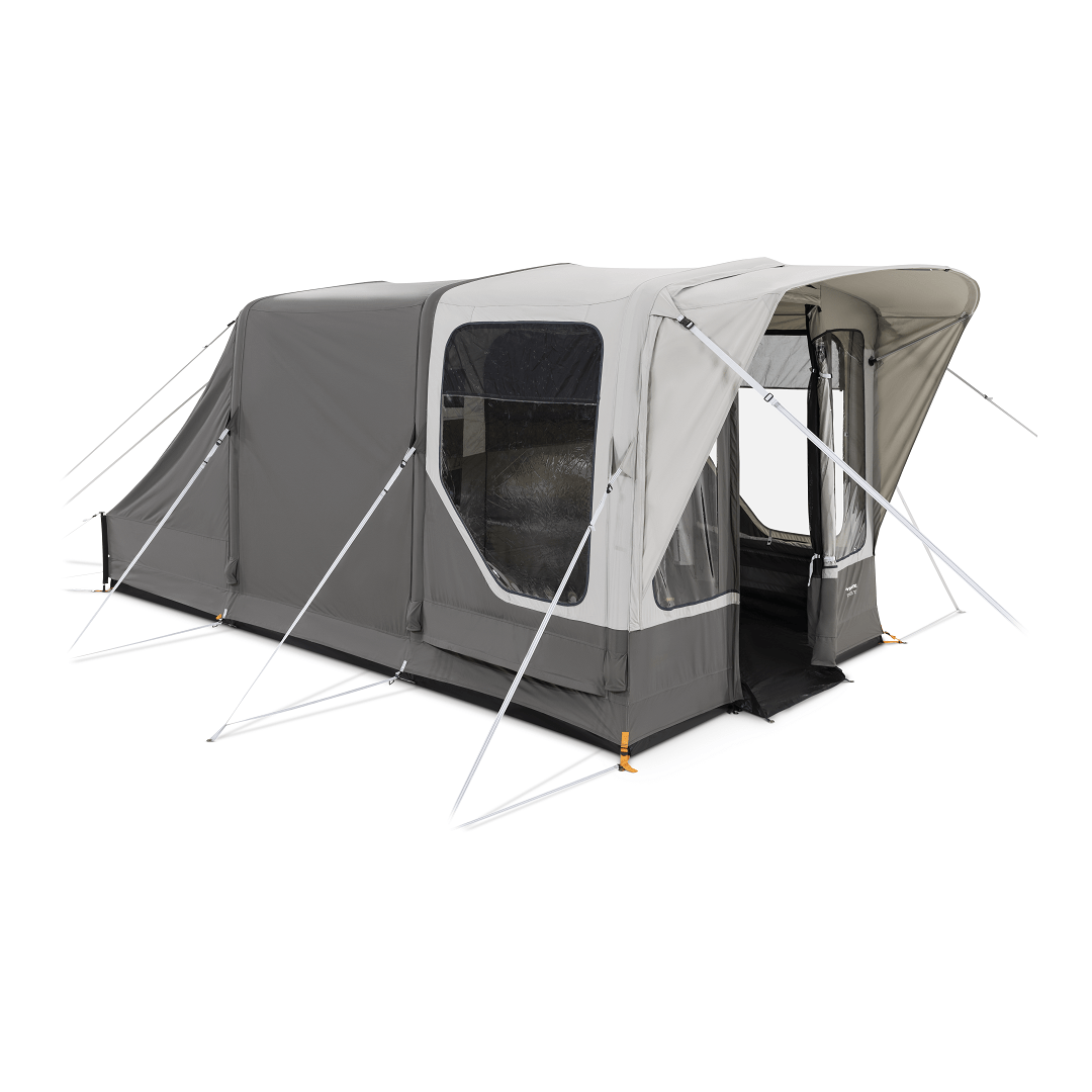 A large, gray and white camping tent with multiple windows and an extended entrance awning, set against a plain white background.