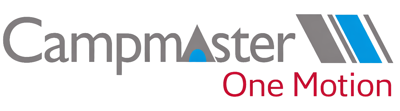 Logo with the text 'Campmaster' and the tagline 'One Motion' in red.