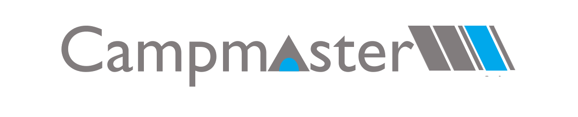 Campmaster logo with stylized tent and four gray and blue lines.