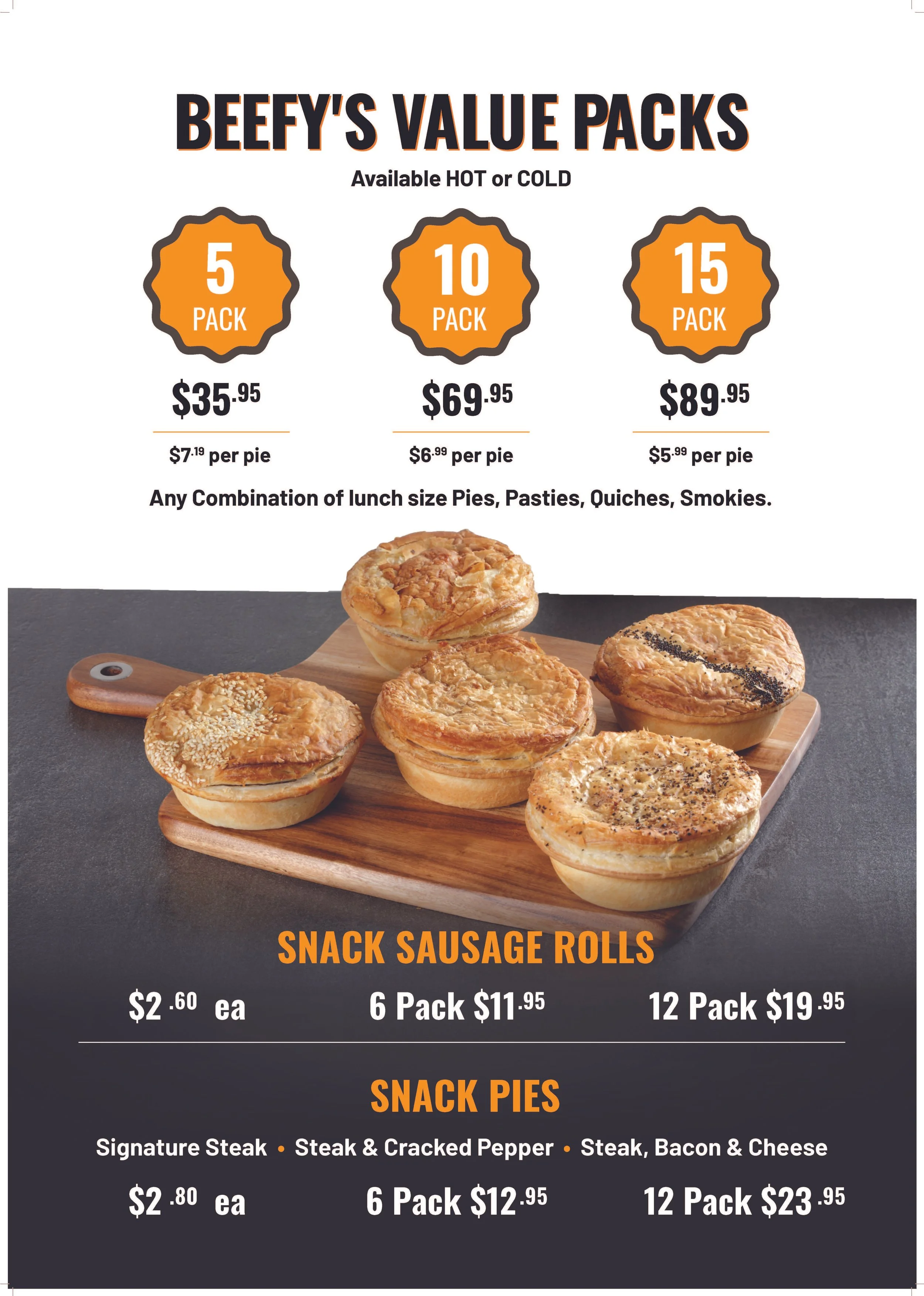A menu featuring beefy fried foods, including value packs of pies and snack sausage rolls, with prices and options for hot or cold service.