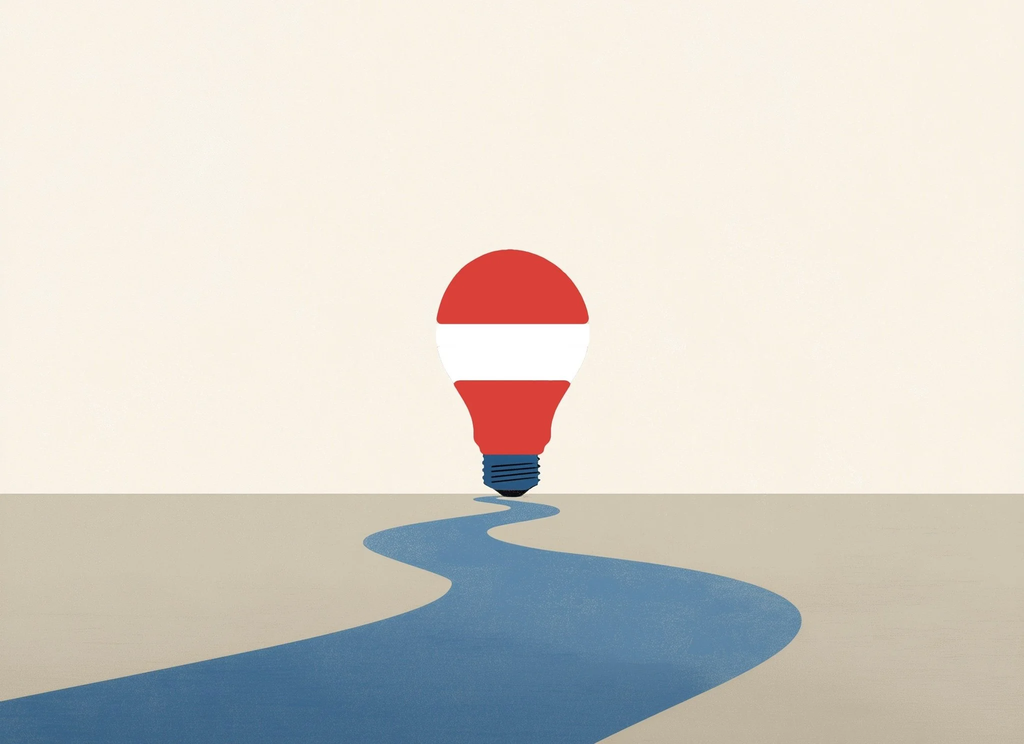 A lightbulb with the Austrian flag colors comes out of the Danube symbolizing both the hydropower electricity and smart ideas (such as large scale battery storage) being used to scale the Austrian energy grid