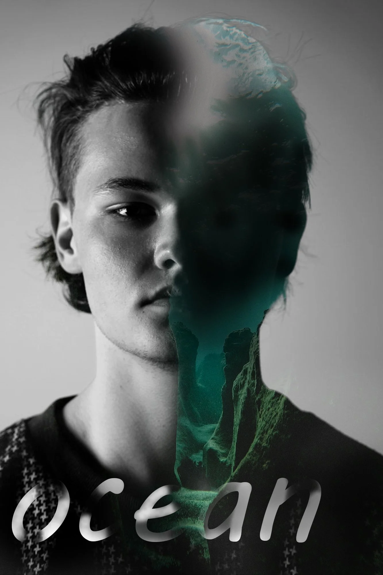 This image combines a black-and-white portrait with a dark underwater landscape. The contrast between the face and ocean creates a mysterious and dramatic atmosphere. The deep blue-green tones suggest hidden emotions and the unknown, while the double