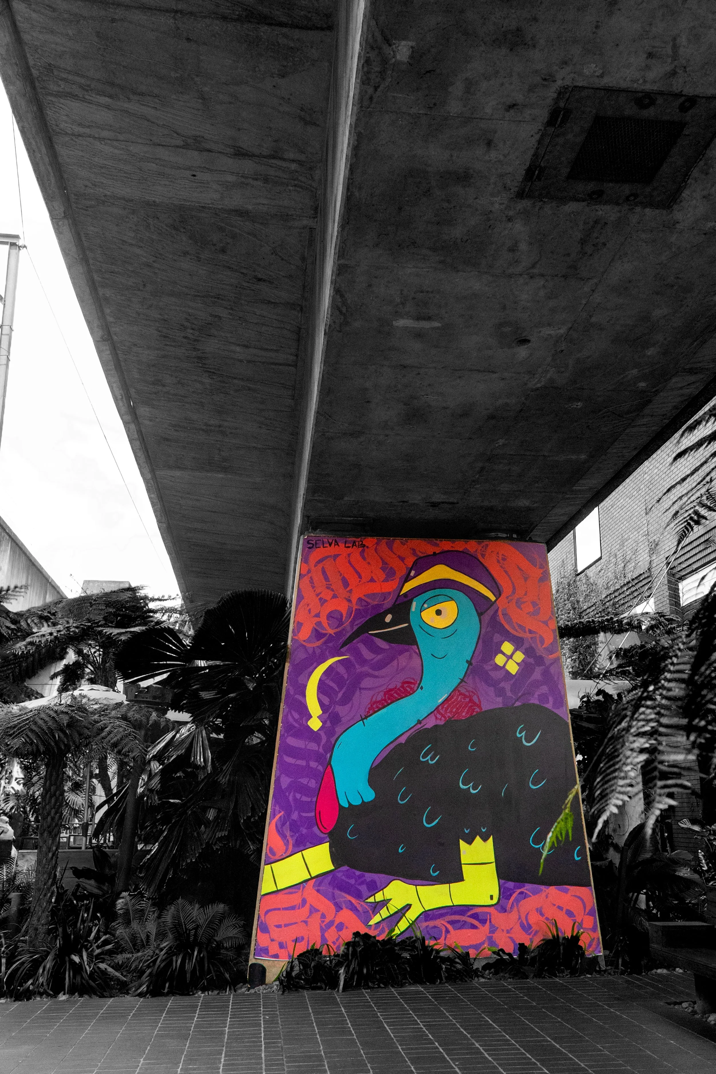 This photograph features a vibrant bird mural painted on a concrete pillar. The bold colours and geometric patterns contrast with the surrounding urban environment, highlighting the creativity and character of public street art.