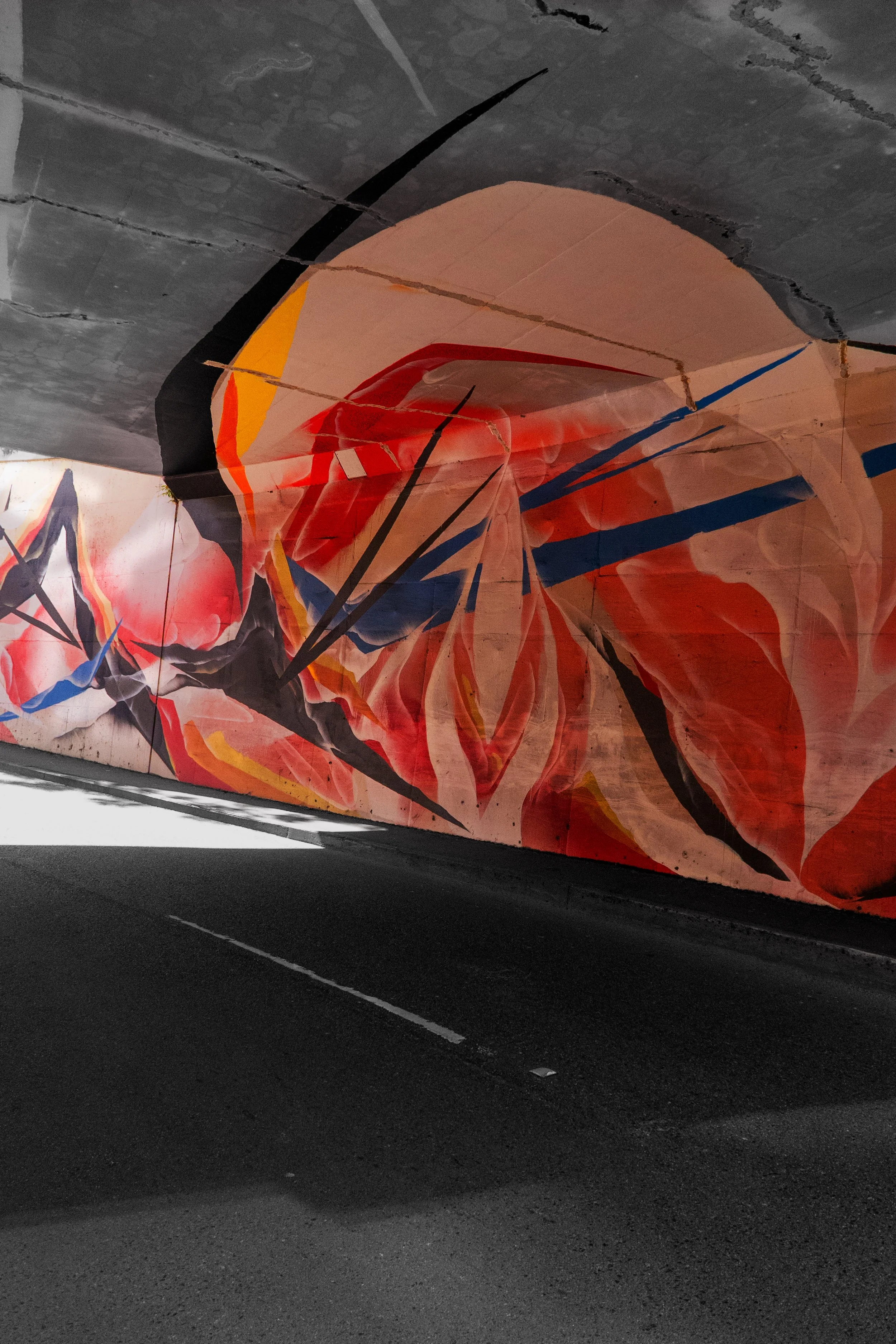 This photograph focuses on an abstract orange mural, using selective colour to emphasise its flowing shapes and bold lines. The contrast with the darker surroundings creates a dynamic composition that draws attention to the artwork's details.