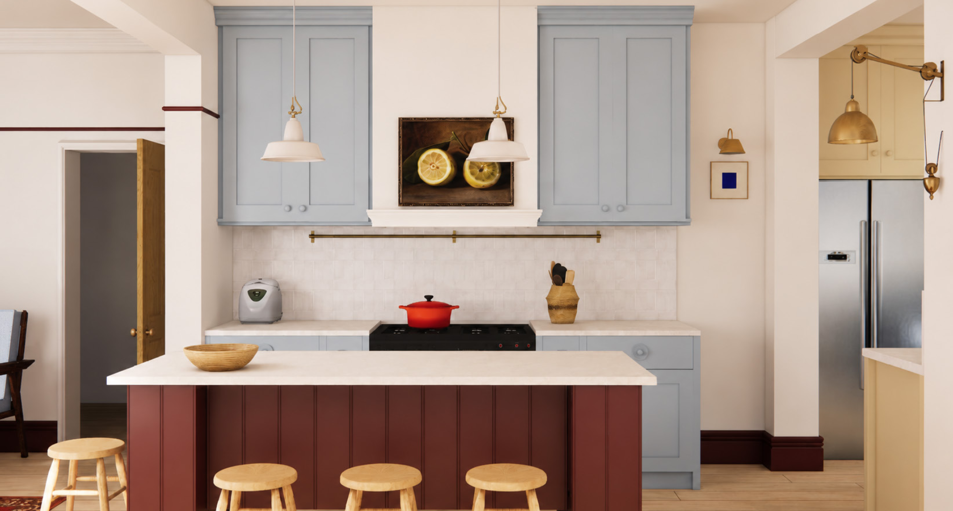 Bespoke blue and red kitchen design in East London