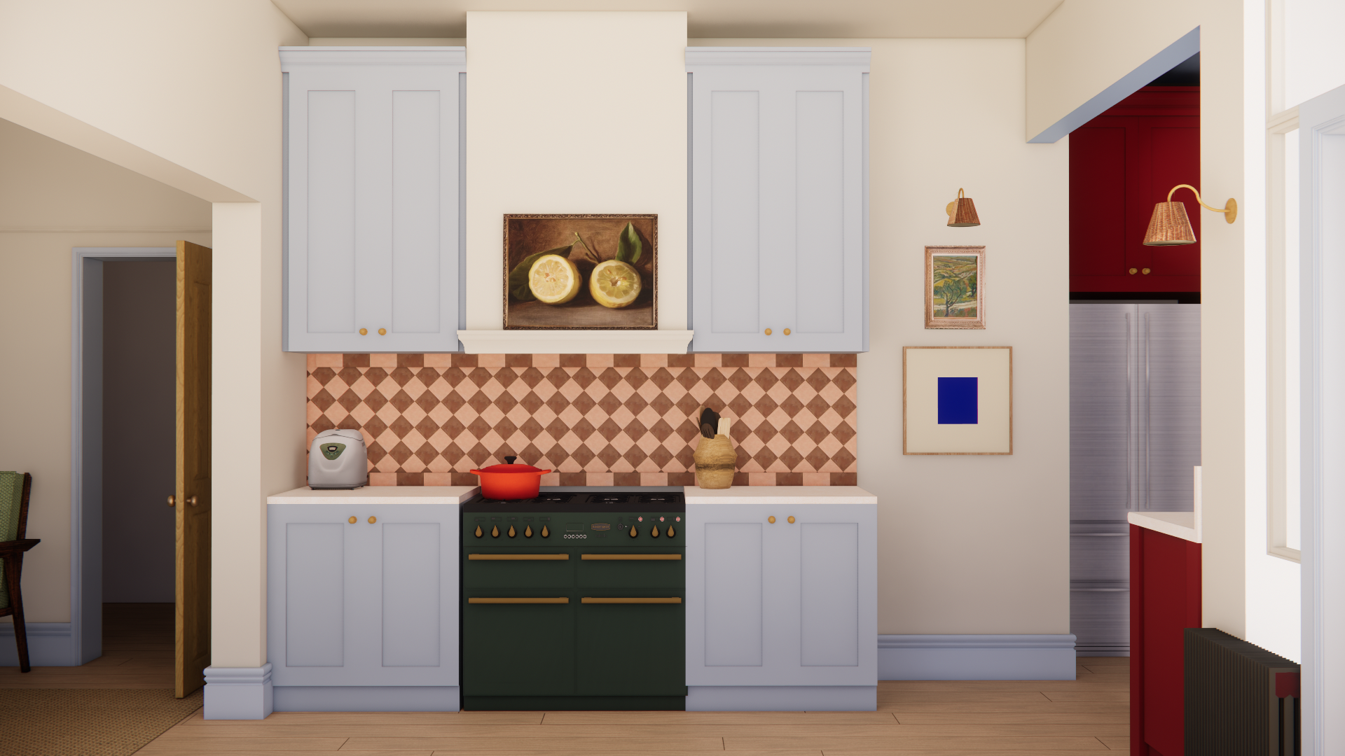 Bespoke blue and red kitchen design in East London