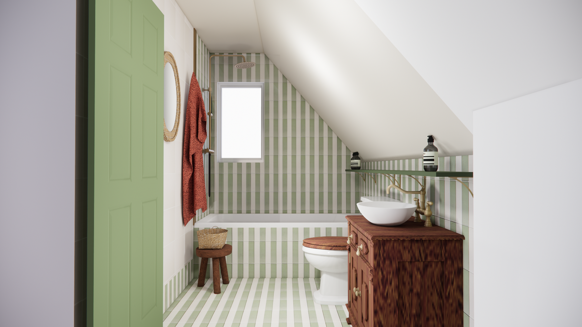Claybrook green stripe tile bathroom design