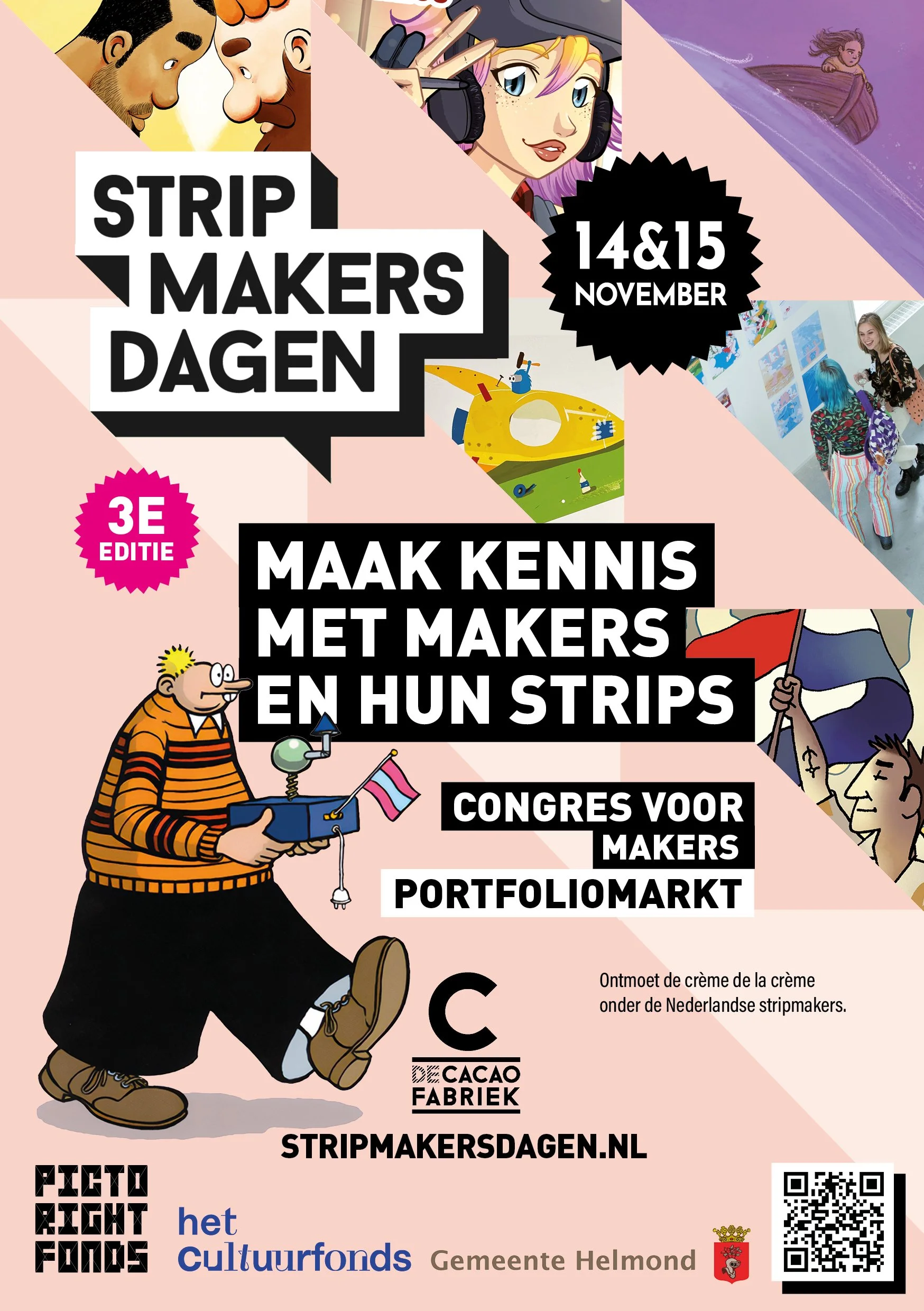 Een kleurrijke poster over de Stripmakersdagen op 14 en 15 november. Bevat cartoon-illustraties van mensen die strips maken en bewonderen, en tekst over het evenement en de locatie in Gemeente Helmond.
