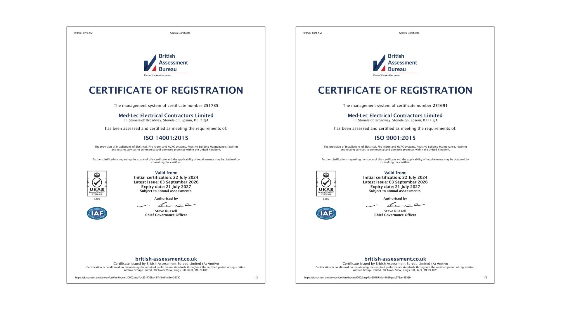 ISO 9001 and ISO 14001 certificates of registration issued to Med-Lec Electrical Contractors Limited by the British Assessment Bureau