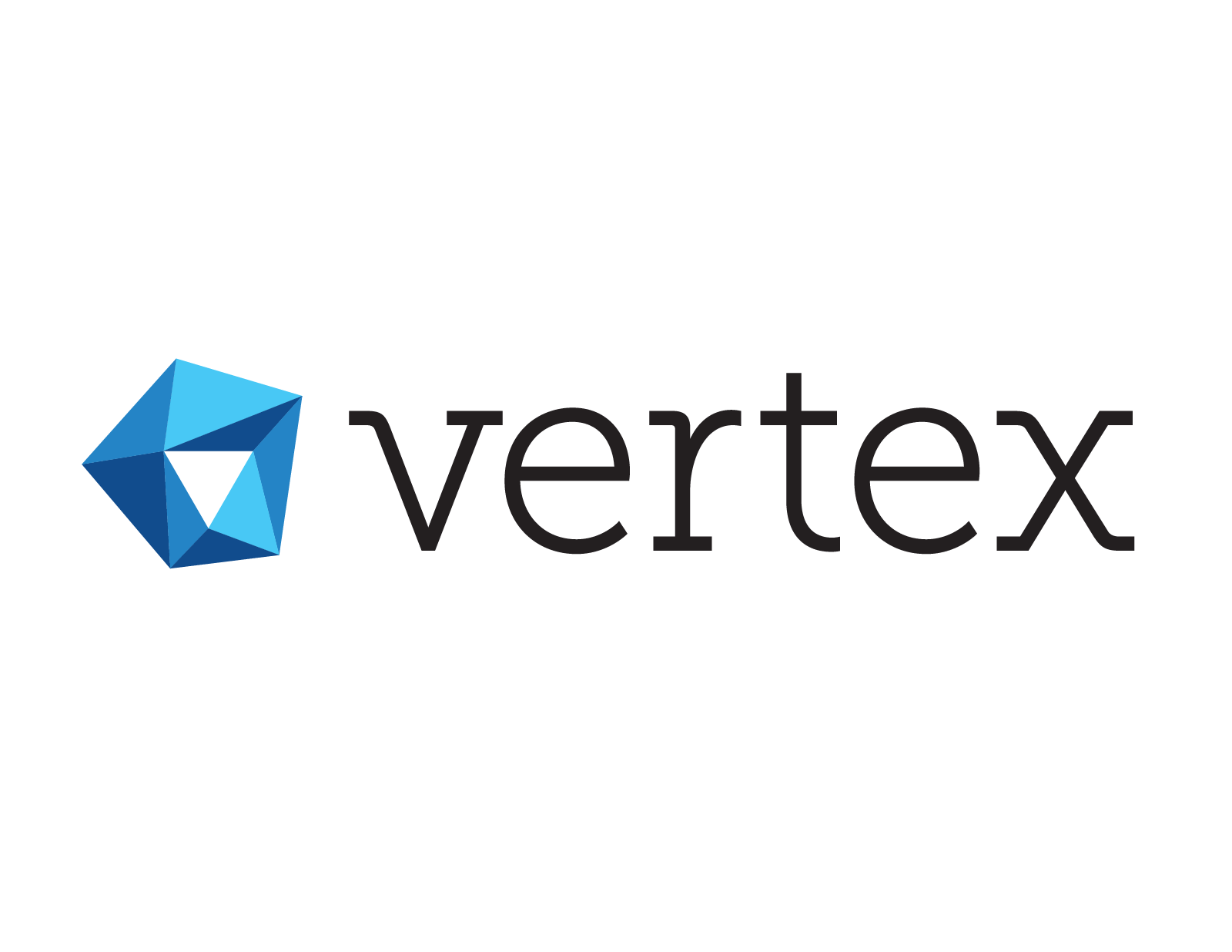 Vertex logo with a blue geometric 3D shape and the word 'vertex' in black lowercase letters.
